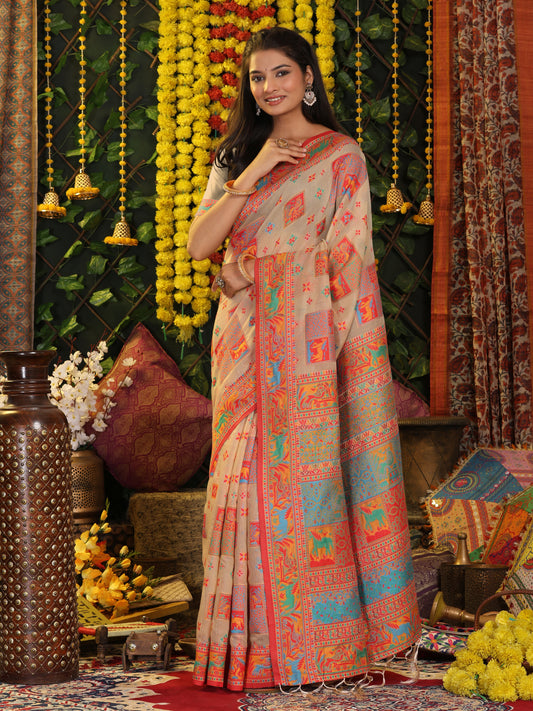 Astita Off White Linen Cotton Saree with Multicolor Ethnic Print – Soft & Lightweight Saree for Festive, Daily, and Office Wear