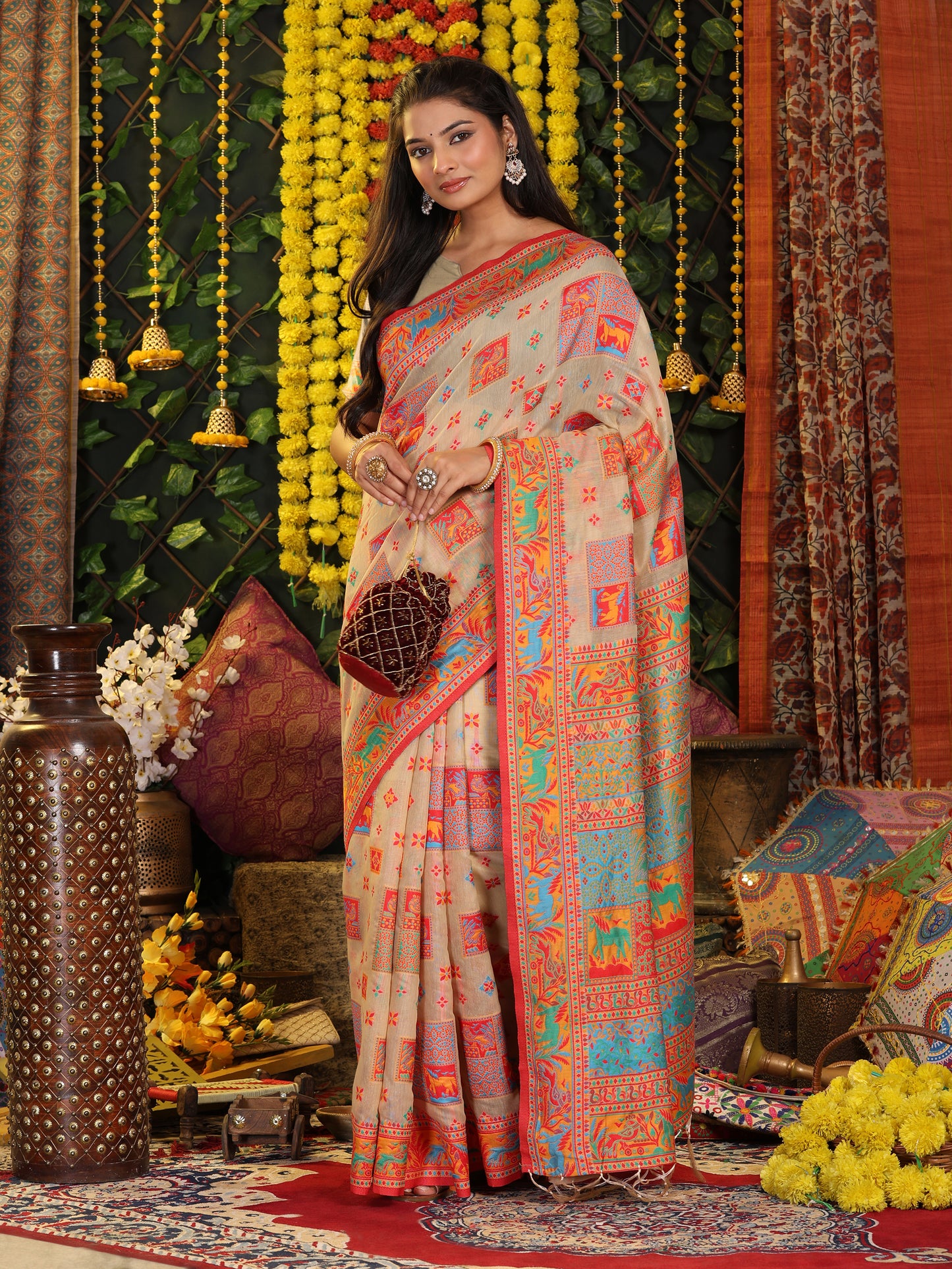 Astita Off White Linen Cotton Saree with Multicolor Ethnic Print – Soft & Lightweight Saree for Festive, Daily, and Office Wear