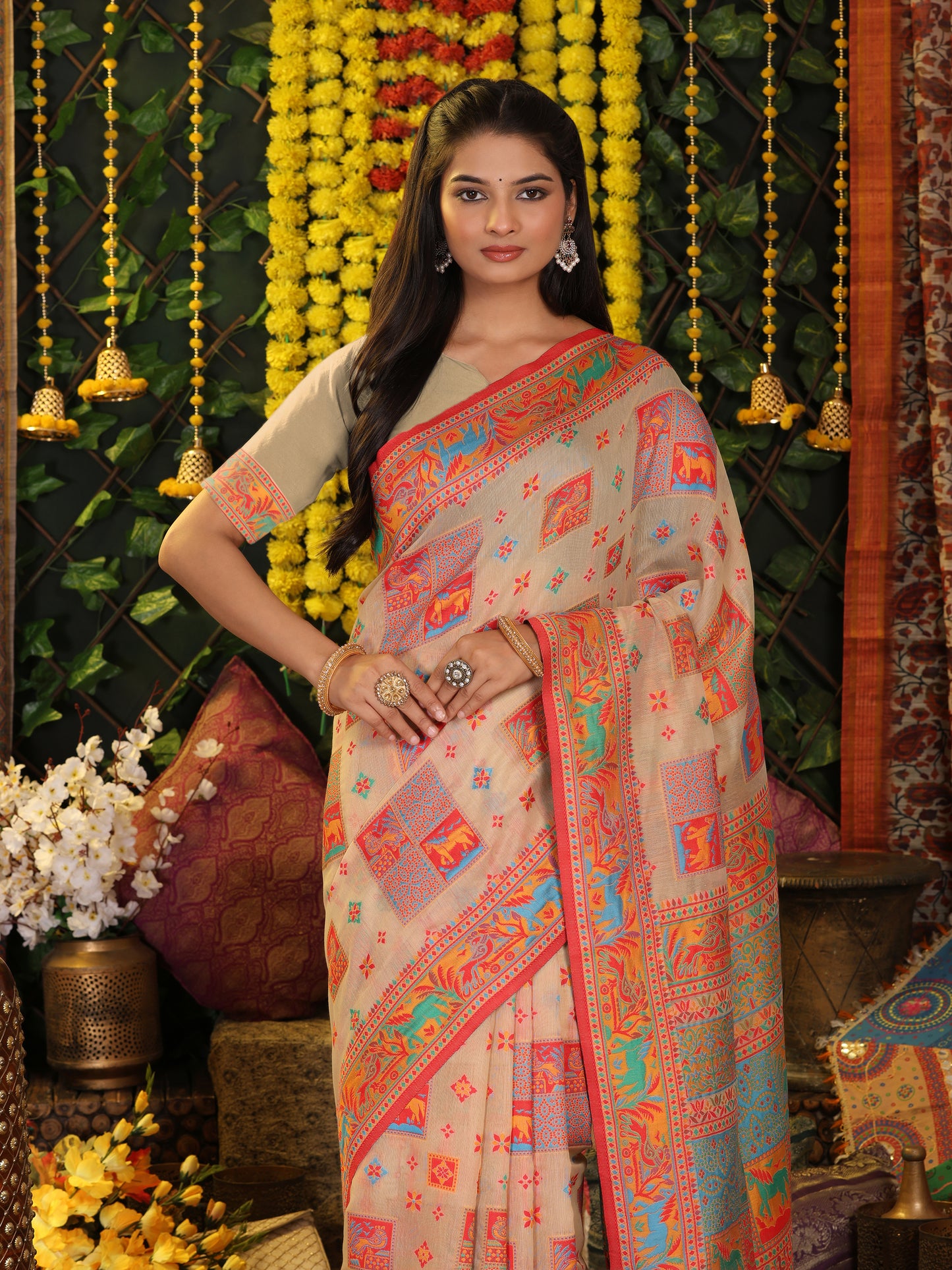 Astita Off White Linen Cotton Saree with Multicolor Ethnic Print – Soft & Lightweight Saree for Festive, Daily, and Office Wear
