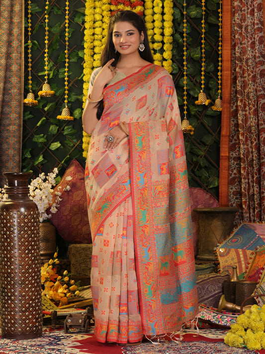 Astita Off White Linen Cotton Saree with Multicolor Ethnic Print – Soft & Lightweight Saree for Festive, Daily, and Office Wear