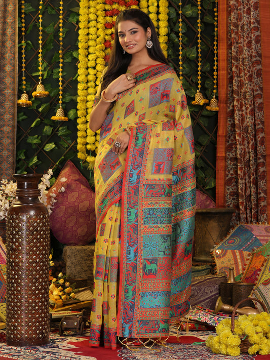 Astita Yellow Linen Cotton Saree with Multicolor Ethnic Print – Soft & Lightweight Saree for Festive, Daily, and Office Wear