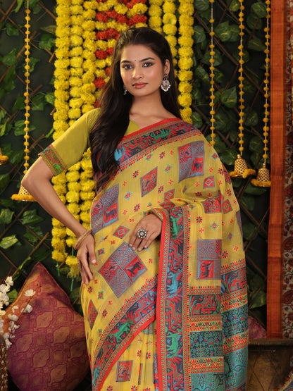 Astita Yellow Linen Cotton Saree with Multicolor Ethnic Print – Soft & Lightweight Saree for Festive, Daily, and Office Wear