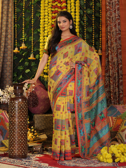 Astita Yellow Linen Cotton Saree with Multicolor Ethnic Print – Soft & Lightweight Saree for Festive, Daily, and Office Wear
