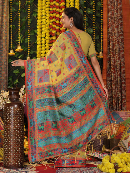Astita Yellow Linen Cotton Saree with Multicolor Ethnic Print – Soft & Lightweight Saree for Festive, Daily, and Office Wear