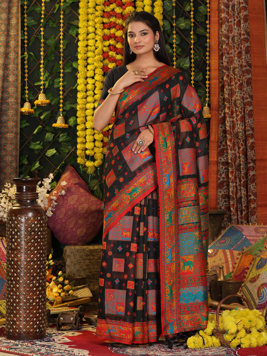 Astita Black Linen Cotton Saree with Multicolor Ethnic Print – Soft & Lightweight Saree for Festive, Daily, and Office Wear