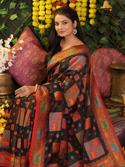 Astita Black Linen Cotton Saree with Multicolor Ethnic Print – Soft & Lightweight Saree for Festive, Daily, and Office Wear