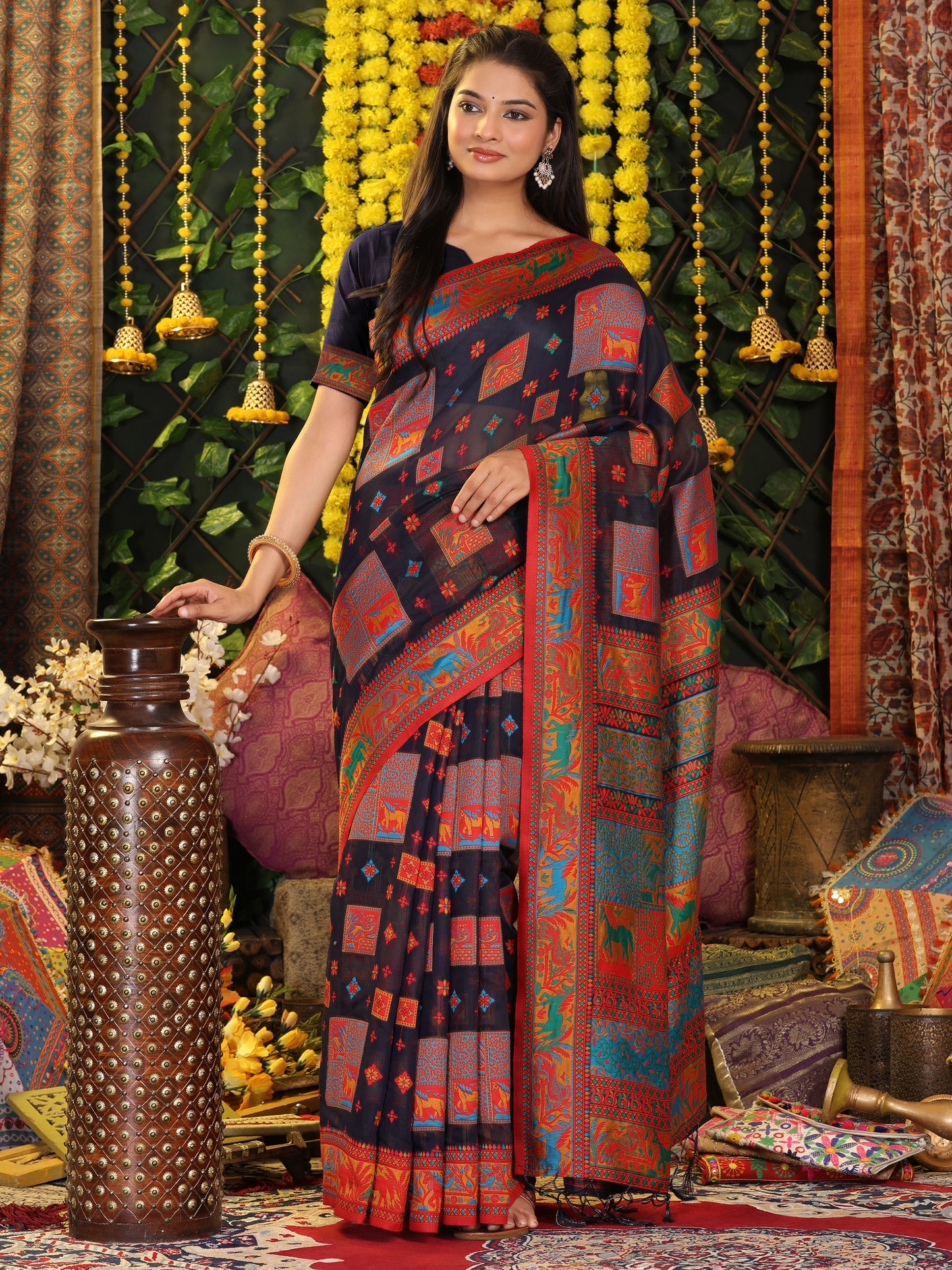 Astita Navy Blue Linen Cotton Saree with Multicolor Ethnic Print – Soft & Lightweight Saree for Festive, Daily, and Office Wear