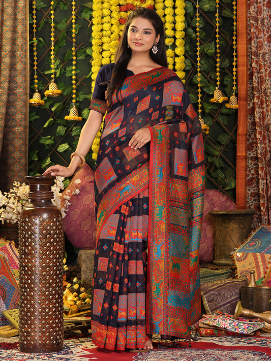 Astita Navy Blue Linen Cotton Saree with Multicolor Ethnic Print – Soft & Lightweight Saree for Festive, Daily, and Office Wear