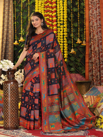 Astita Navy Blue Linen Cotton Saree with Multicolor Ethnic Print – Soft & Lightweight Saree for Festive, Daily, and Office Wear