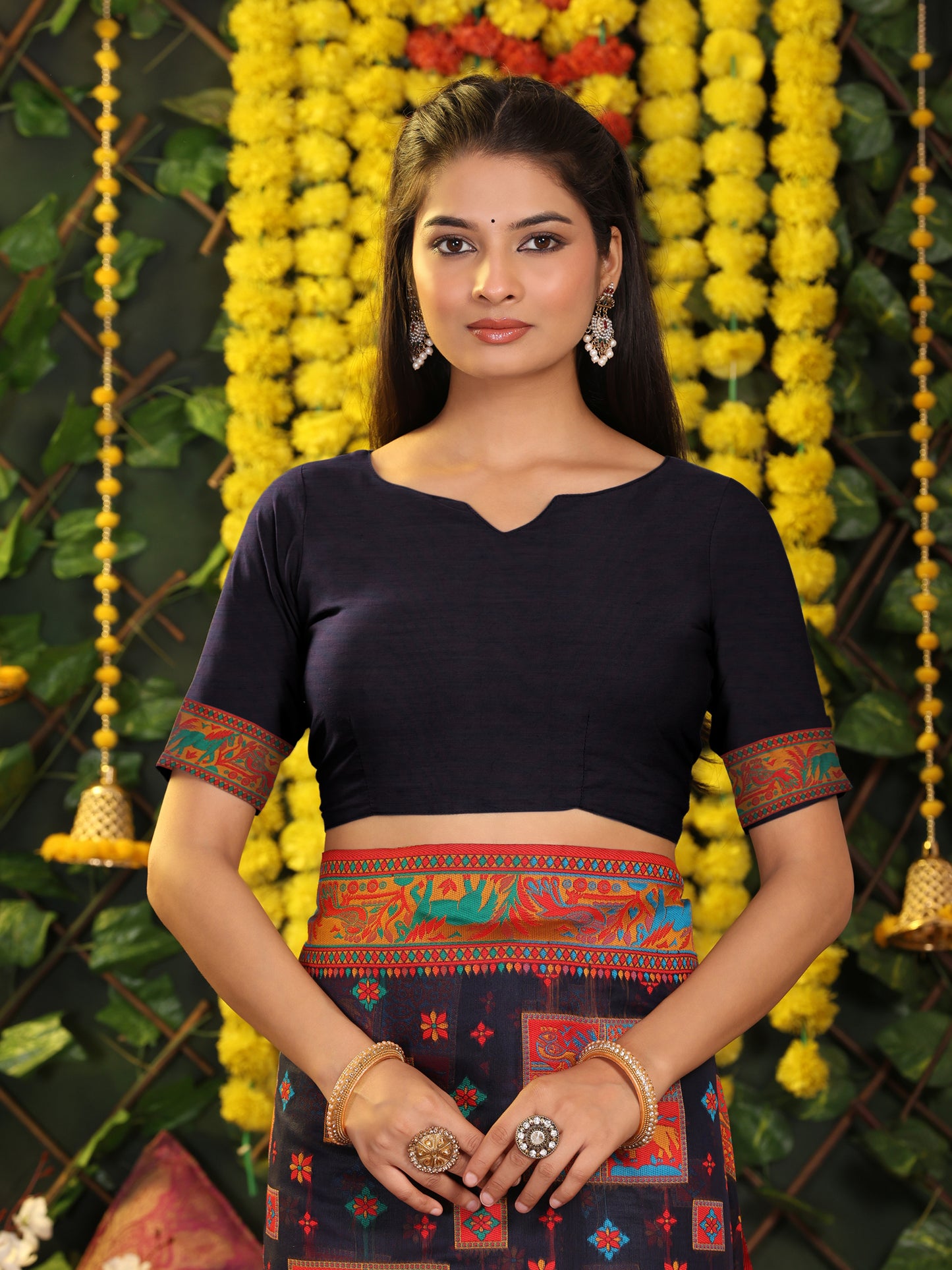 Astita Navy Blue Linen Cotton Saree with Multicolor Ethnic Print – Soft & Lightweight Saree for Festive, Daily, and Office Wear