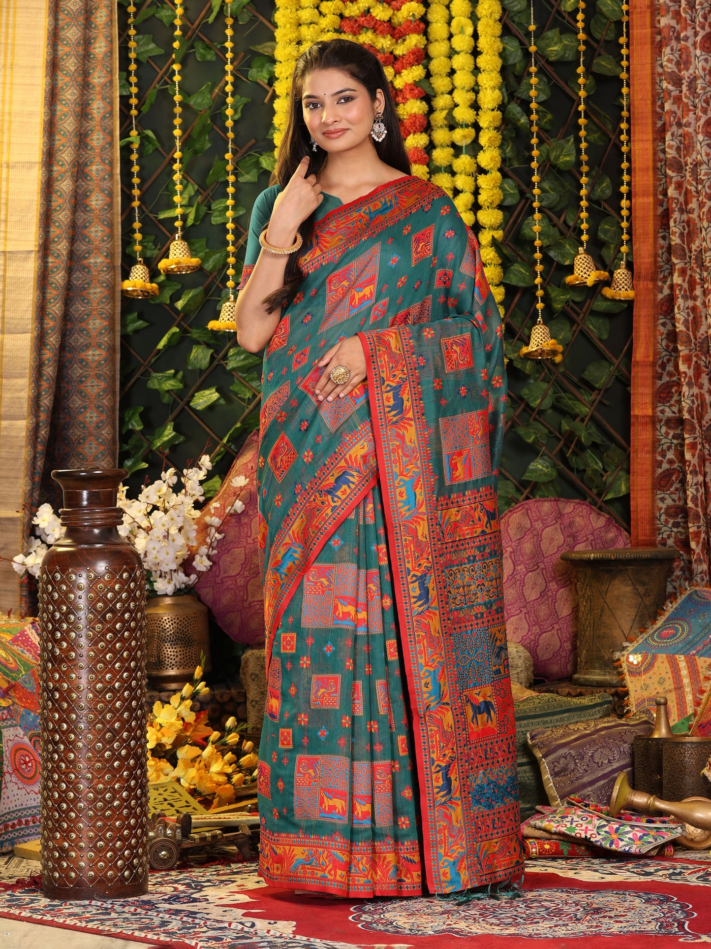 Astita Rama Green Linen Cotton Saree with Multicolor Ethnic Print – Soft & Lightweight Saree for Festive, Daily, and Office Wear