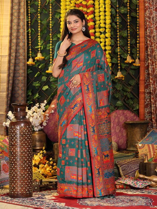 Astita Rama Green Linen Cotton Saree with Multicolor Ethnic Print – Soft & Lightweight Saree for Festive, Daily, and Office Wear