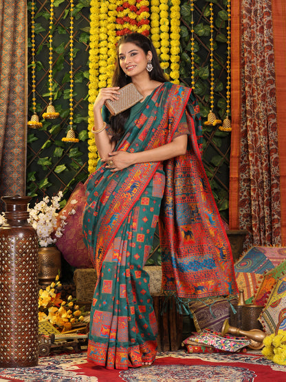 Astita Rama Green Linen Cotton Saree with Multicolor Ethnic Print – Soft & Lightweight Saree for Festive, Daily, and Office Wear