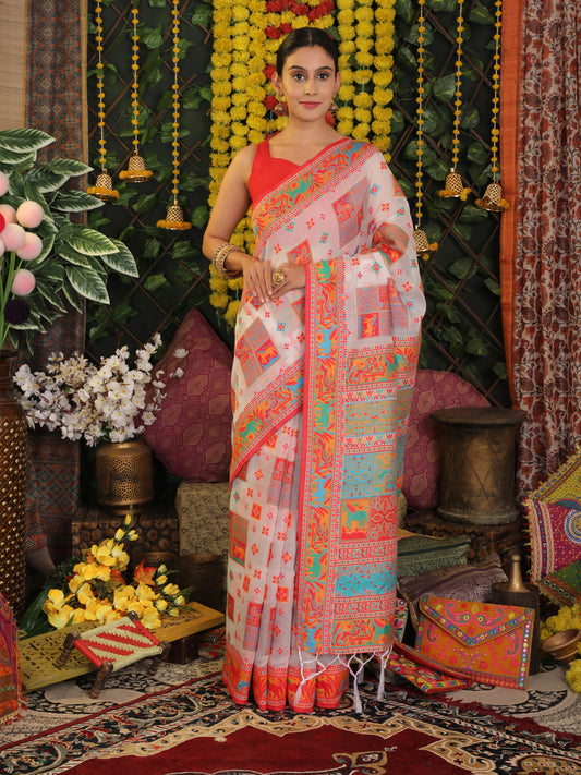 Astita White Linen Cotton Saree with Multicolor Ethnic Print – Soft & Lightweight Saree for Festive, Daily, and Office Wear