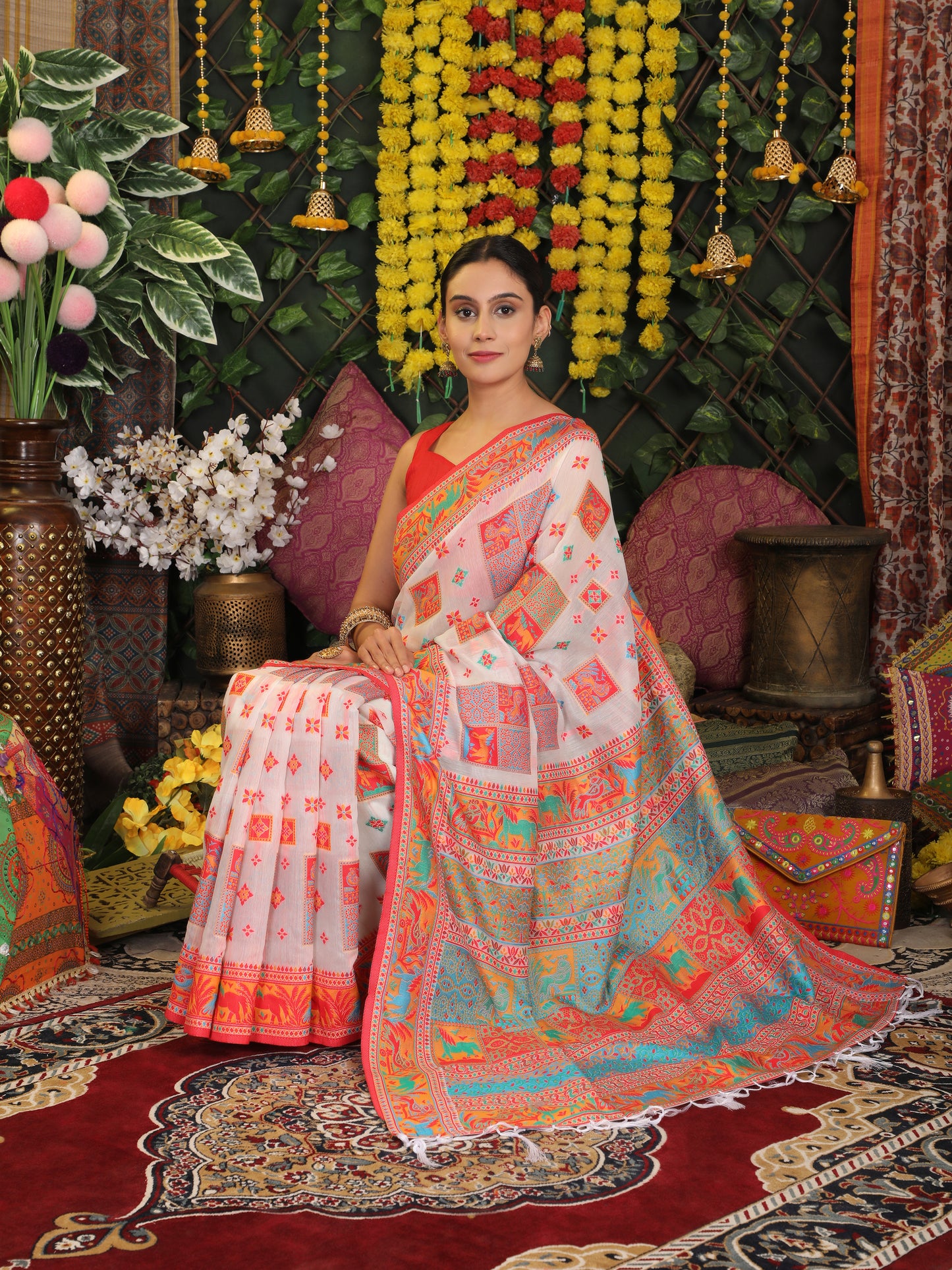 Astita White Linen Cotton Saree with Multicolor Ethnic Print – Soft & Lightweight Saree for Festive, Daily, and Office Wear