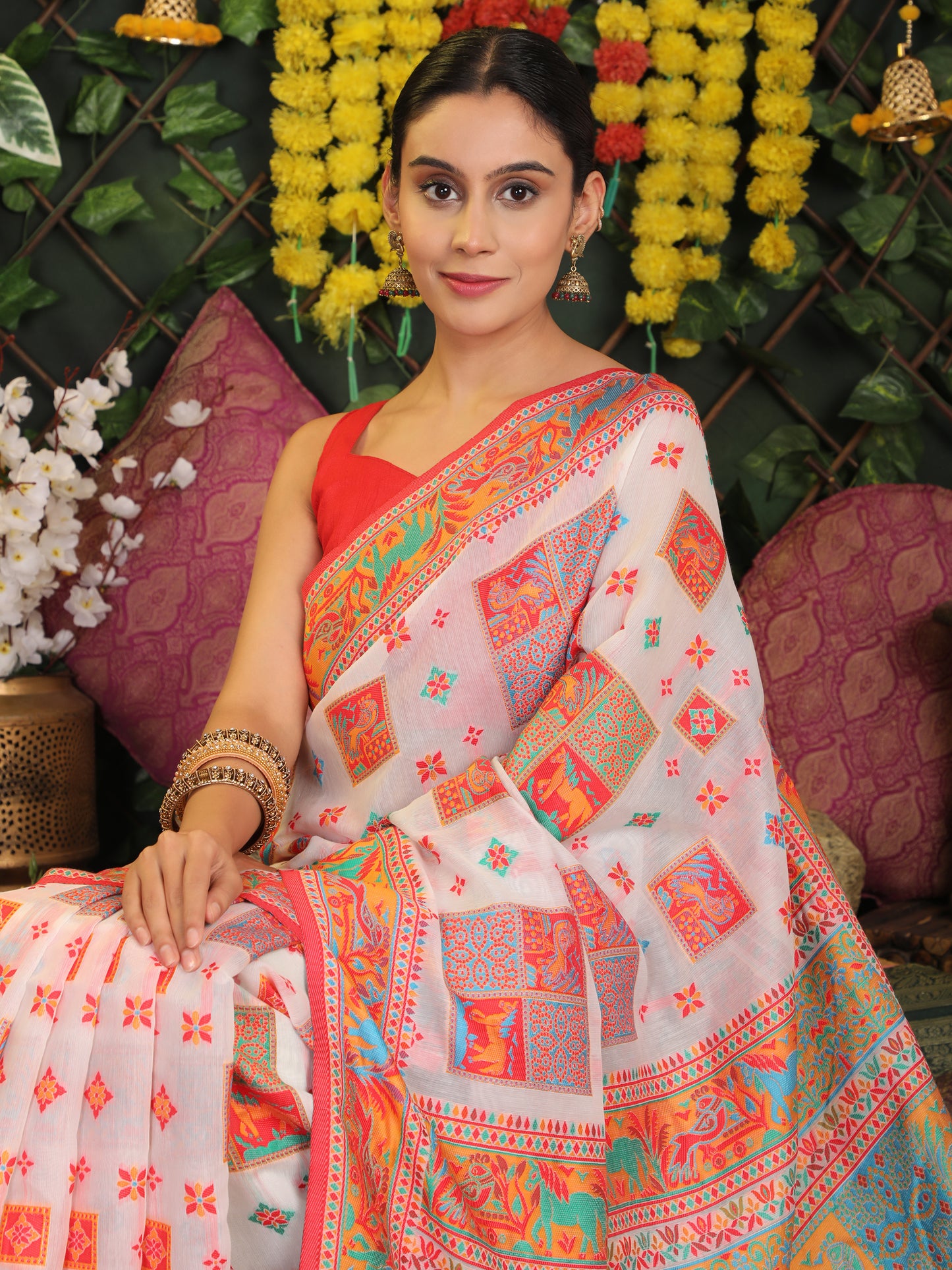 Astita White Linen Cotton Saree with Multicolor Ethnic Print – Soft & Lightweight Saree for Festive, Daily, and Office Wear
