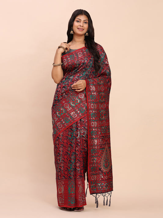 Astita Elegant Pink Jacquard Linen Cotton Saree with Traditional Multicolor Weave & Tassel Pallu – Festive & Casual Wear for Women