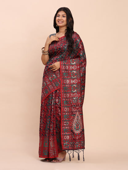 Astita Elegant Pink Jacquard Linen Cotton Saree with Traditional Multicolor Weave & Tassel Pallu – Festive & Casual Wear for Women