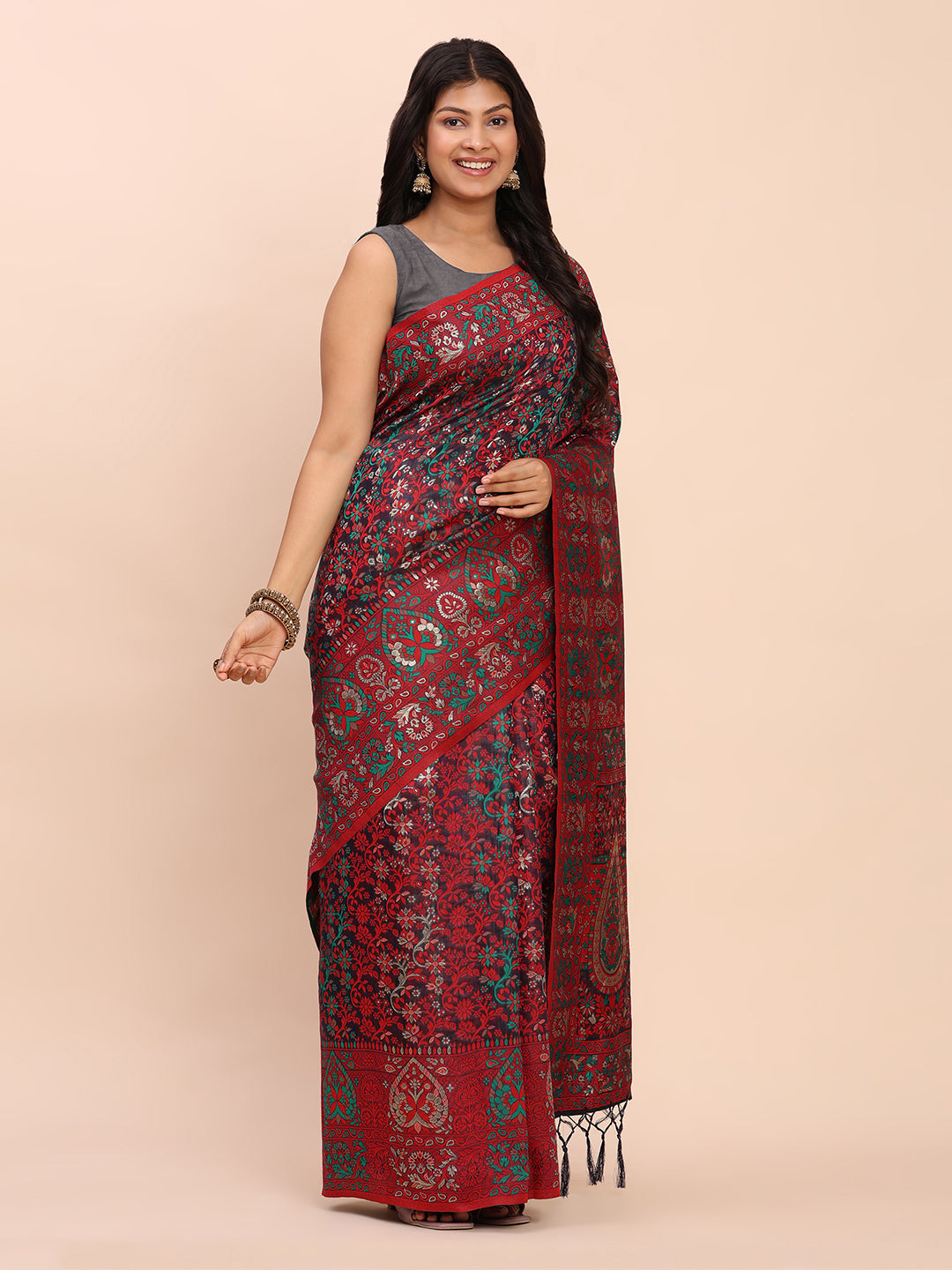 Astita Elegant Pink Jacquard Linen Cotton Saree with Traditional Multicolor Weave & Tassel Pallu – Festive & Casual Wear for Women