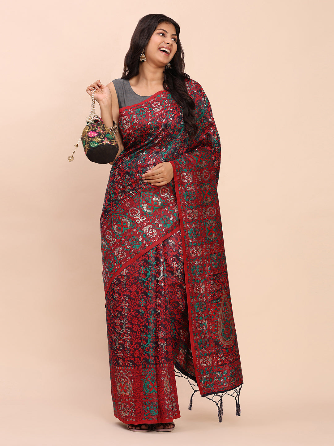 Astita Elegant Pink Jacquard Linen Cotton Saree with Traditional Multicolor Weave & Tassel Pallu – Festive & Casual Wear for Women