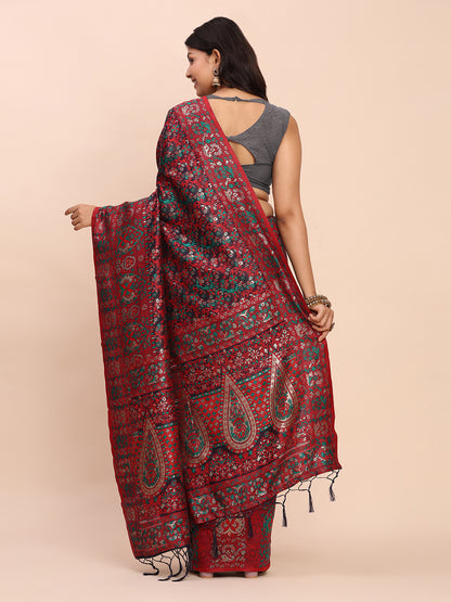 Astita Elegant Pink Jacquard Linen Cotton Saree with Traditional Multicolor Weave & Tassel Pallu – Festive & Casual Wear for Women