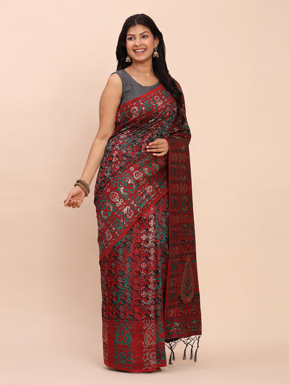 Astita Elegant Red Jacquard Linen Cotton Saree with Traditional Multicolor Weave & Tassel Pallu – Festive & Casual Wear for Women