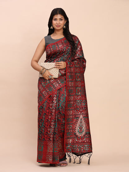 Astita Elegant Red Jacquard Linen Cotton Saree with Traditional Multicolor Weave & Tassel Pallu – Festive & Casual Wear for Women