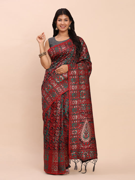 Astita Elegant Red Jacquard Linen Cotton Saree with Traditional Multicolor Weave & Tassel Pallu – Festive & Casual Wear for Women