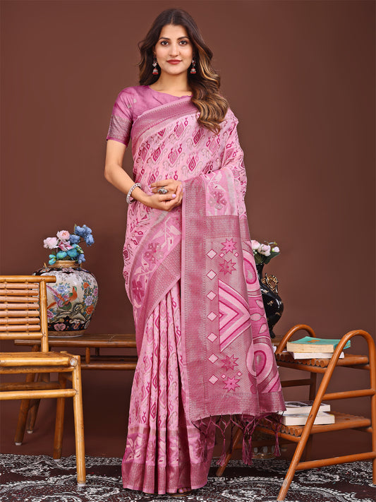 Astita Grace in Every Thread: Pink Patola Linen Cotton Saree Woven with Cultural Elegance