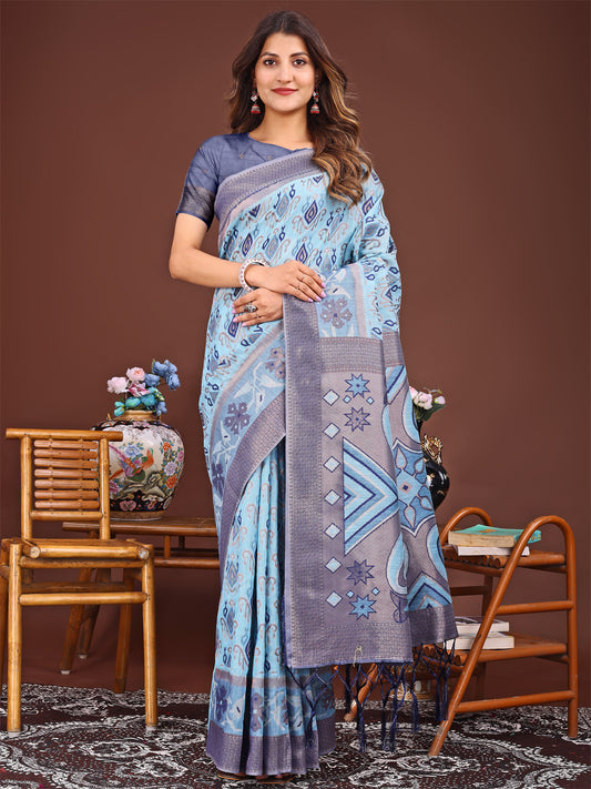 Astita Grace in Every Thread: Sky Blue Patola Linen Cotton Saree Woven with Cultural Elegance