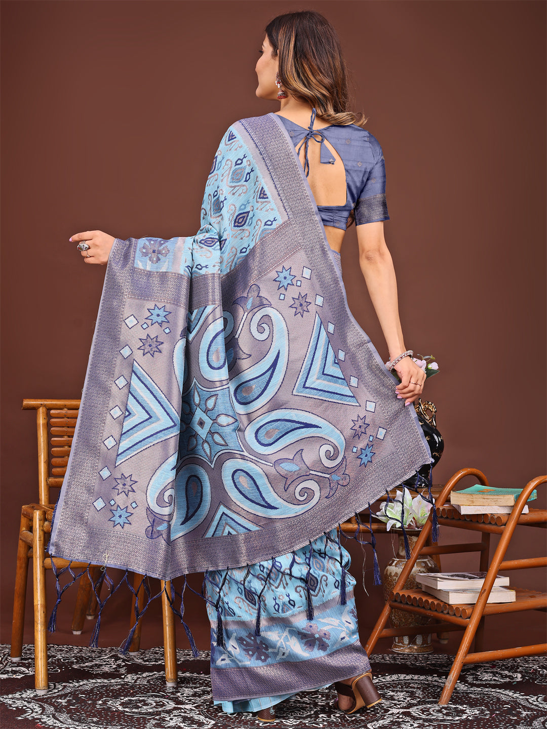 Astita Grace in Every Thread: Sky Blue Patola Linen Cotton Saree Woven with Cultural Elegance