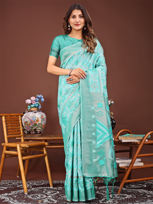Astita Grace in Every Thread: Sea green Patola Linen Cotton Saree Woven with Cultural Elegance