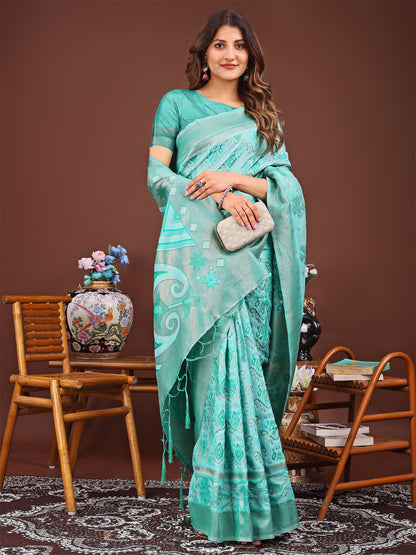 Astita Grace in Every Thread: Sea green Patola Linen Cotton Saree Woven with Cultural Elegance
