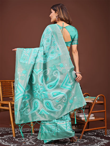 Astita Grace in Every Thread: Sea green Patola Linen Cotton Saree Woven with Cultural Elegance