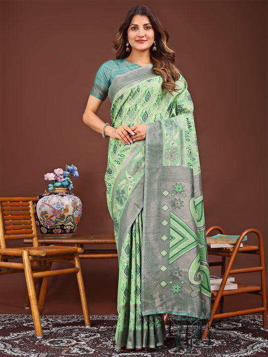 Astita Grace in Every Thread: Light green Patola Linen Cotton Saree Woven with Cultural Elegance