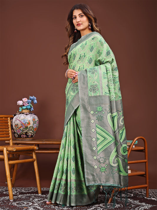 Astita Grace in Every Thread: Light green Patola Linen Cotton Saree Woven with Cultural Elegance