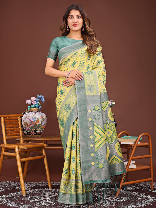 Astita Grace in Every Thread: Yellow Patola Linen Cotton Saree Woven with Cultural Elegance