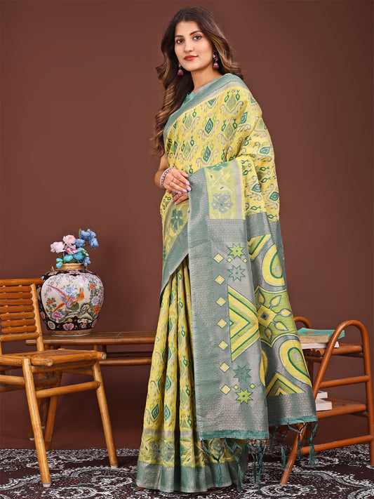 Astita Grace in Every Thread: Yellow Patola Linen Cotton Saree Woven with Cultural Elegance