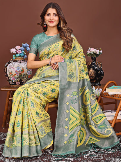 Astita Grace in Every Thread: Yellow Patola Linen Cotton Saree Woven with Cultural Elegance