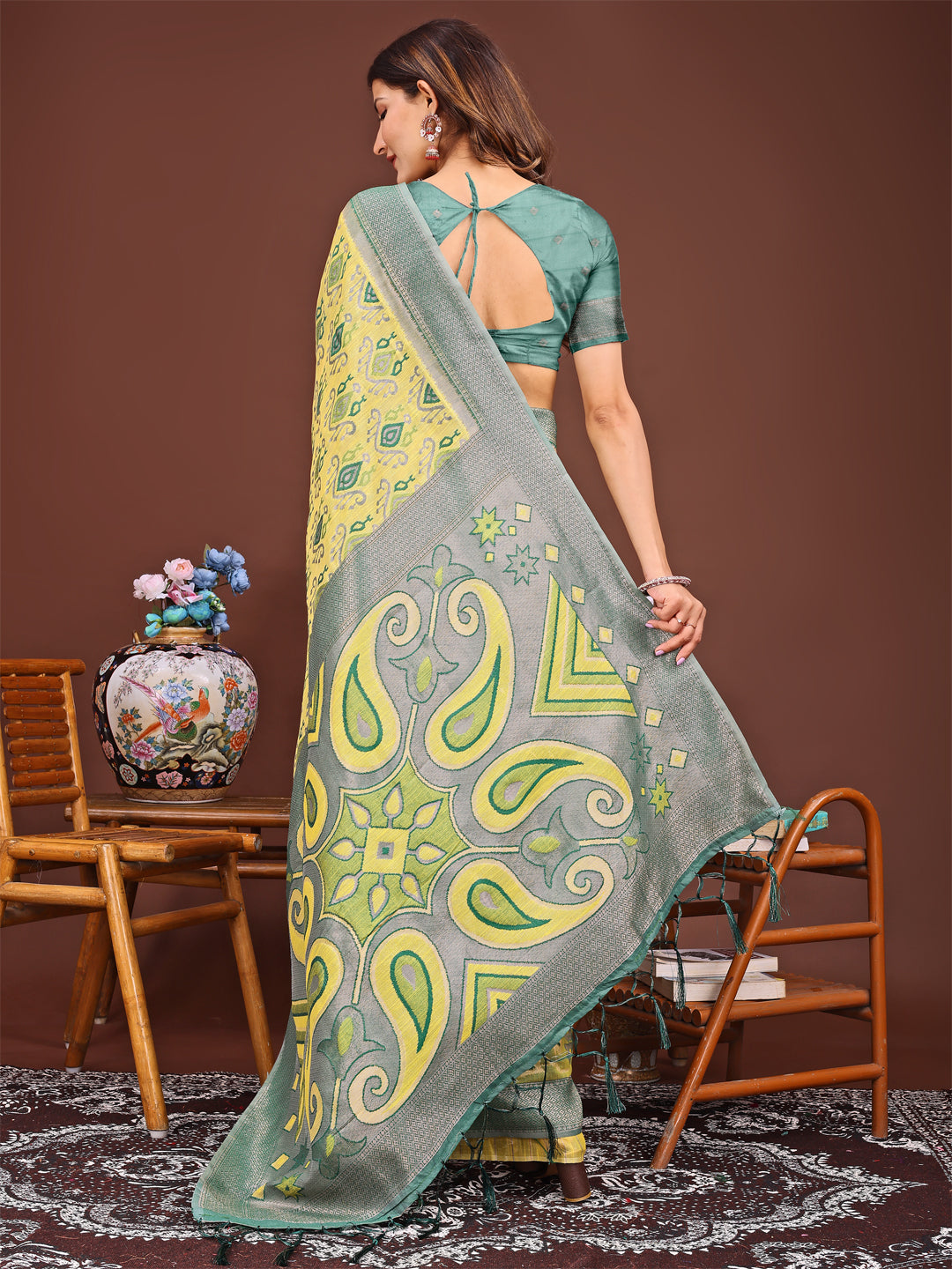 Astita Grace in Every Thread: Yellow Patola Linen Cotton Saree Woven with Cultural Elegance