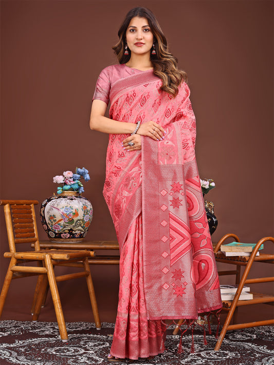 Astita Grace in Every Thread: Peach Patola Linen Cotton Saree Woven with Cultural Elegance