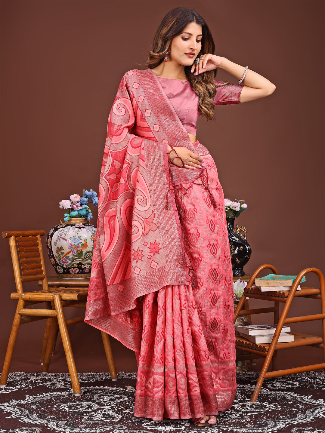 Astita Grace in Every Thread: Peach Patola Linen Cotton Saree Woven with Cultural Elegance