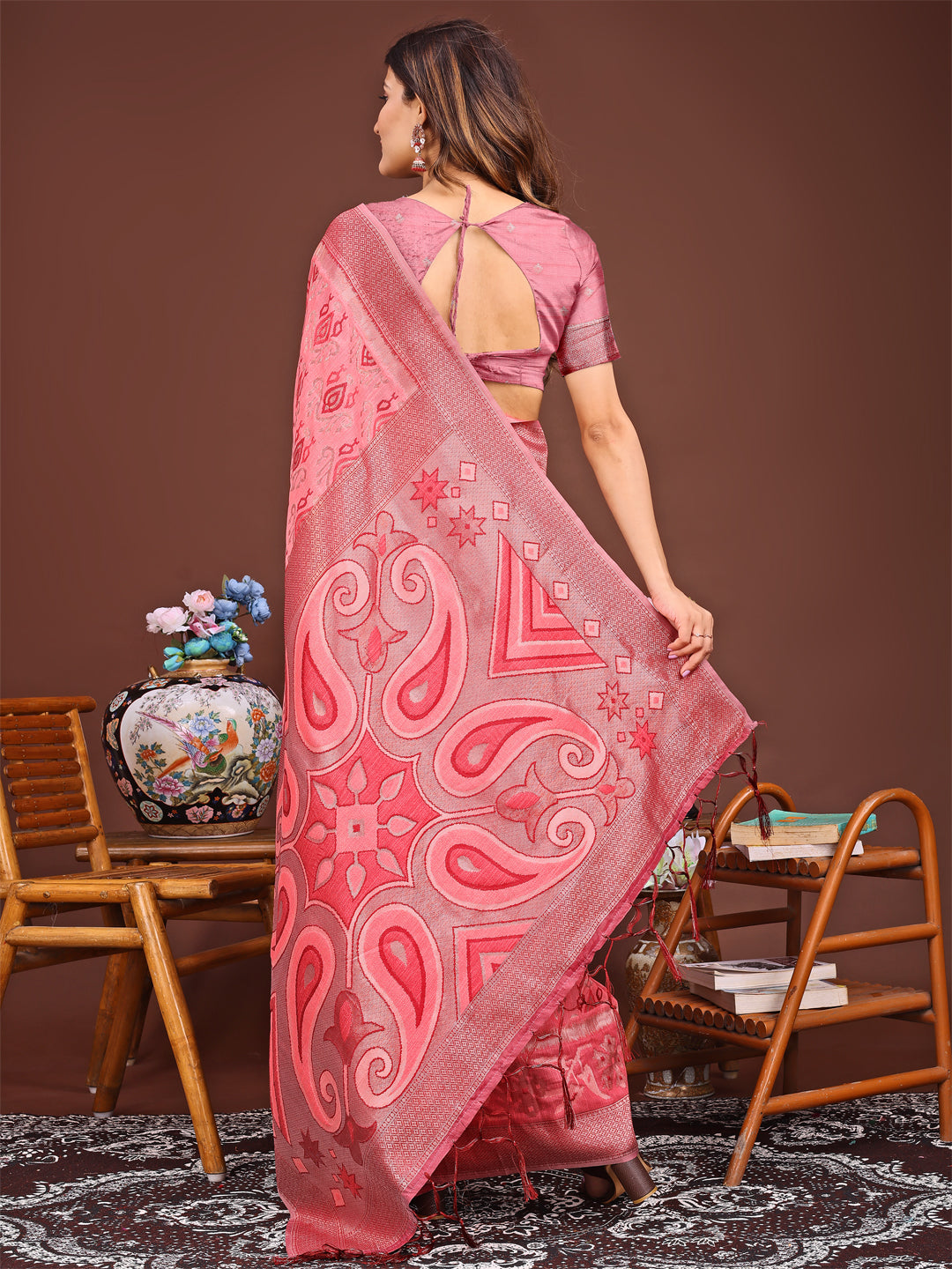 Astita Grace in Every Thread: Peach Patola Linen Cotton Saree Woven with Cultural Elegance