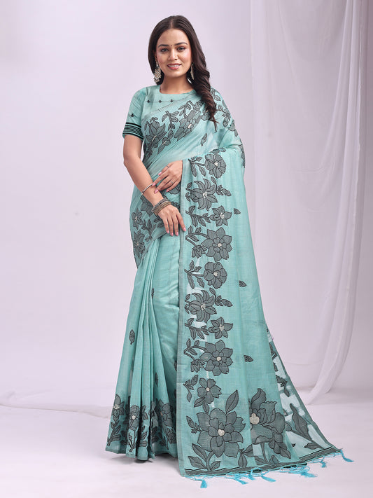 Astita Aqua Blue Linen Cotton Saree with Elegant Black Floral Print – Lightweight & Stylish Saree for Festive and Office Wear