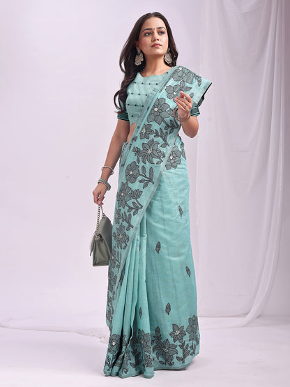 Astita Aqua Blue Linen Cotton Saree with Elegant Black Floral Print – Lightweight & Stylish Saree for Festive and Office Wear