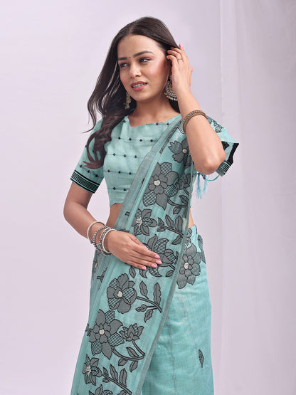 Astita Aqua Blue Linen Cotton Saree with Elegant Black Floral Print – Lightweight & Stylish Saree for Festive and Office Wear