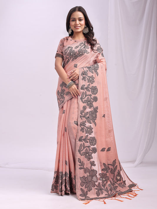 Astita Peach Linen Cotton Saree with Elegant Black Floral Print – Lightweight & Stylish Saree for Festive and Office Wear