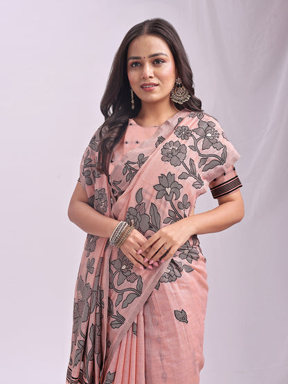 Astita Peach Linen Cotton Saree with Elegant Black Floral Print – Lightweight & Stylish Saree for Festive and Office Wear