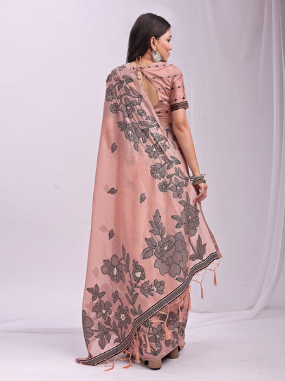 Astita Peach Linen Cotton Saree with Elegant Black Floral Print – Lightweight & Stylish Saree for Festive and Office Wear