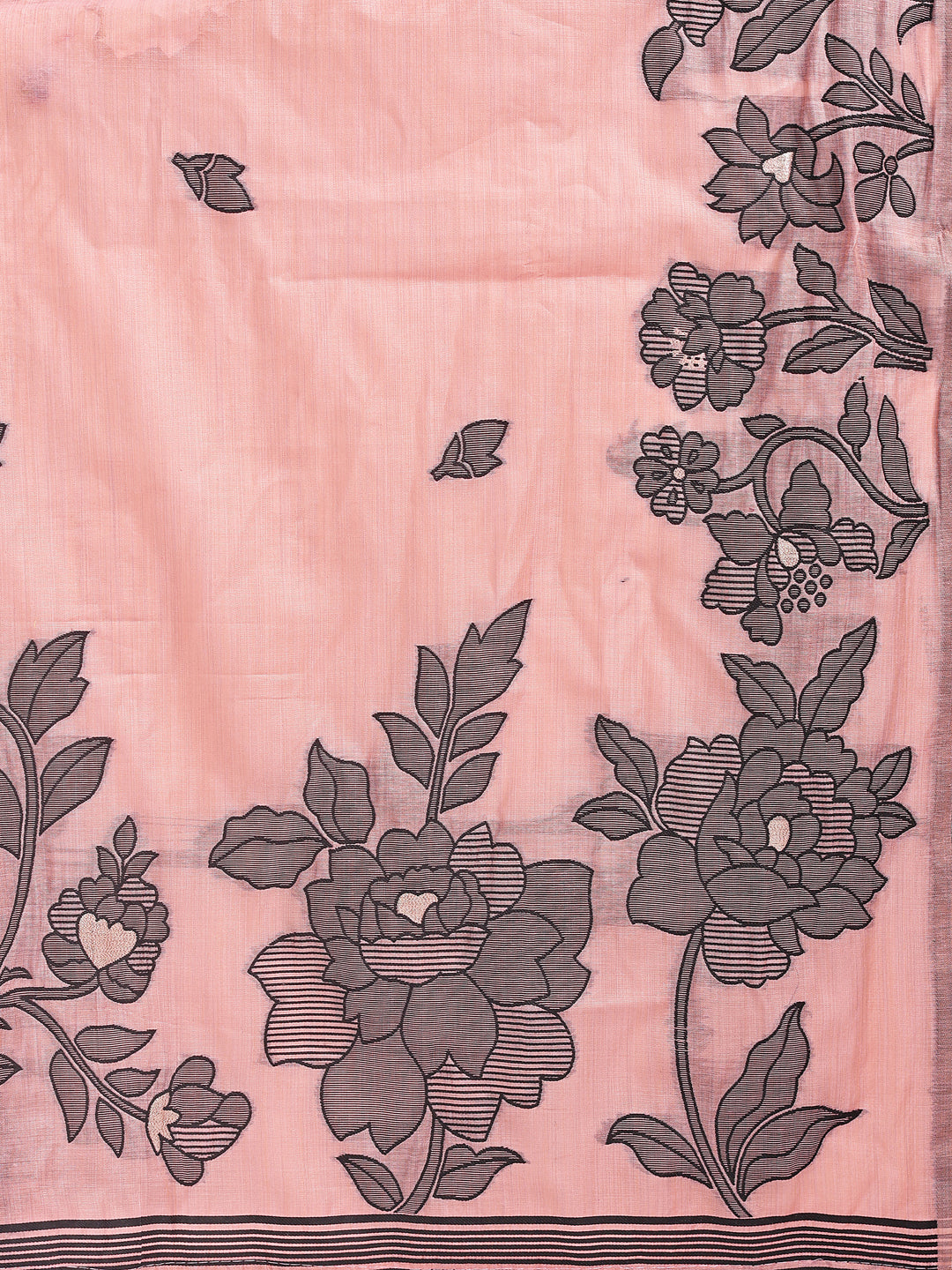 Astita Peach Linen Cotton Saree with Elegant Black Floral Print – Lightweight & Stylish Saree for Festive and Office Wear